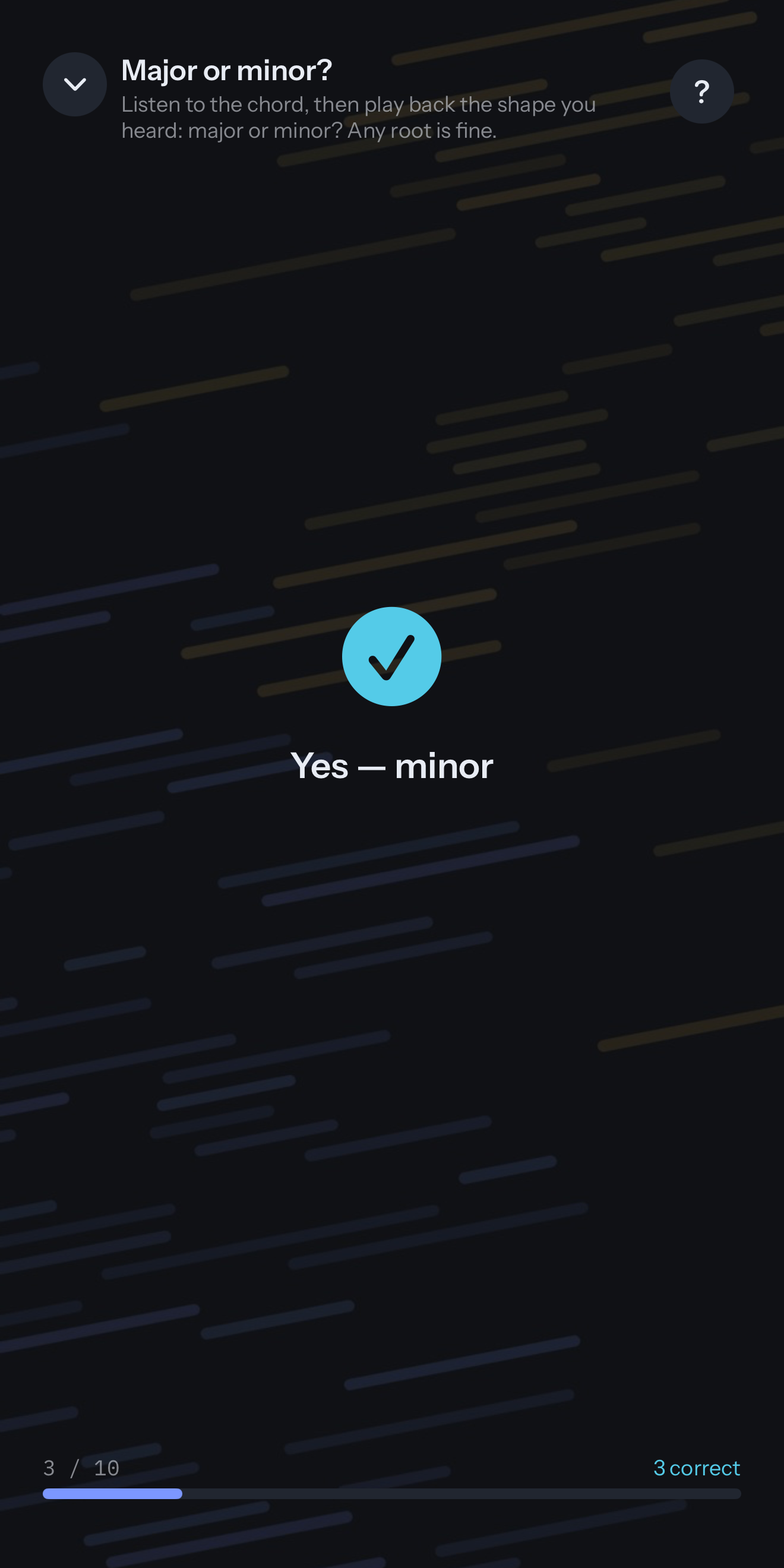 Ear training on iPhone: the set “Major or minor?” with a check mark and “Yes — minor”, three of ten items done.