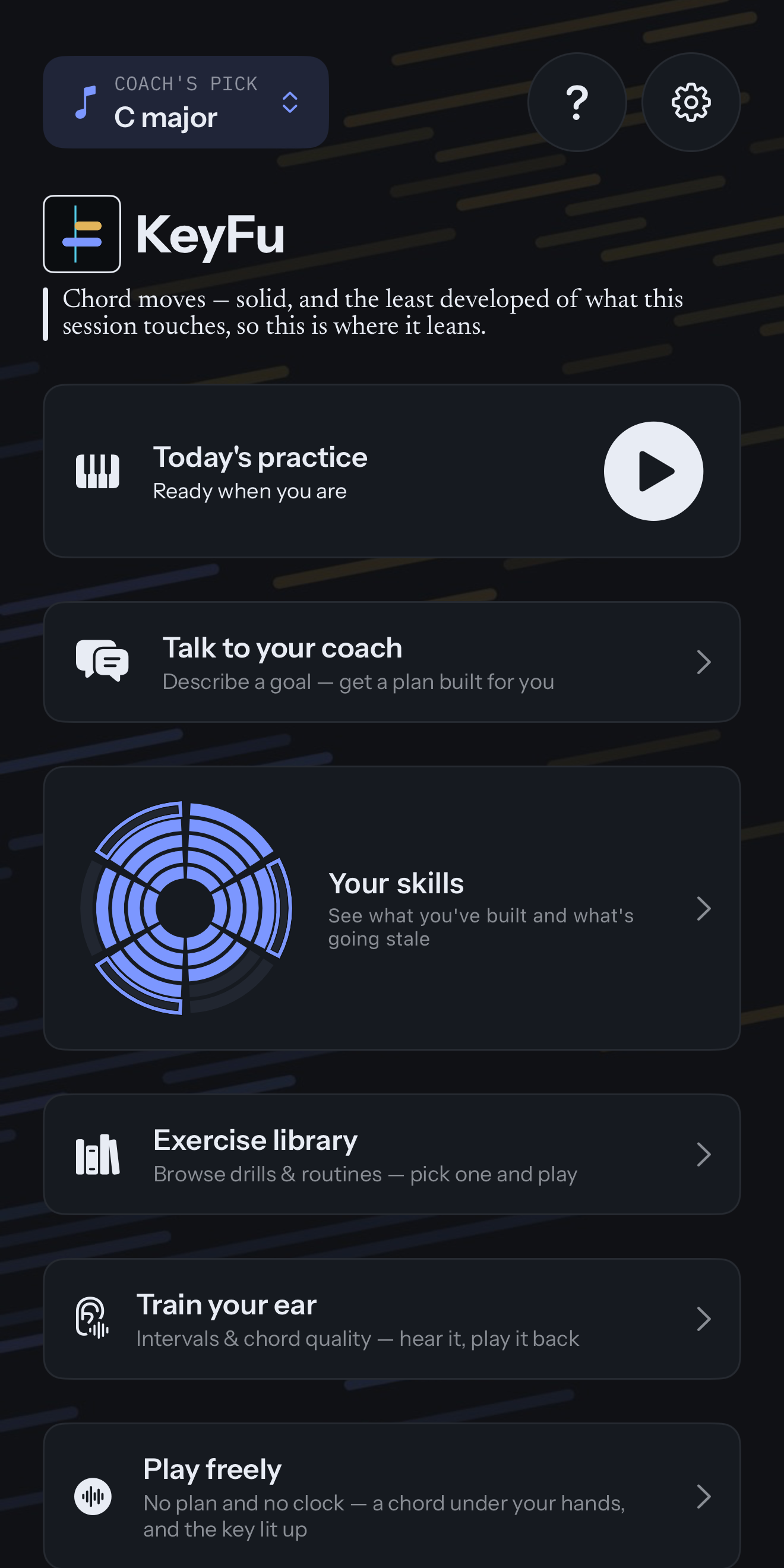 KeyFu dashboard on iPhone: Coach's pick C major, a coach line about chord moves, and cards for Today's practice, Talk to your coach, Your skills, Exercise library, Train your ear and Play freely.