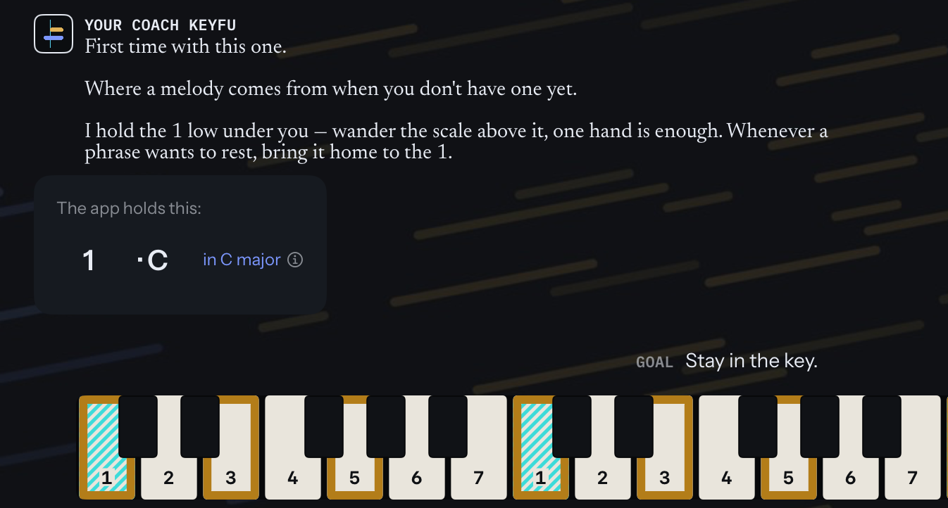 Play freely on iPad: KeyFu says he holds the 1 low while you wander the scale above it and bring phrases home to the 1; a card reads The app holds this: 1 · C in C major; the goal Stay in the key; and two octaves of keys numbered 1 to 7, the 1 striped and the chord’s notes outlined in gold