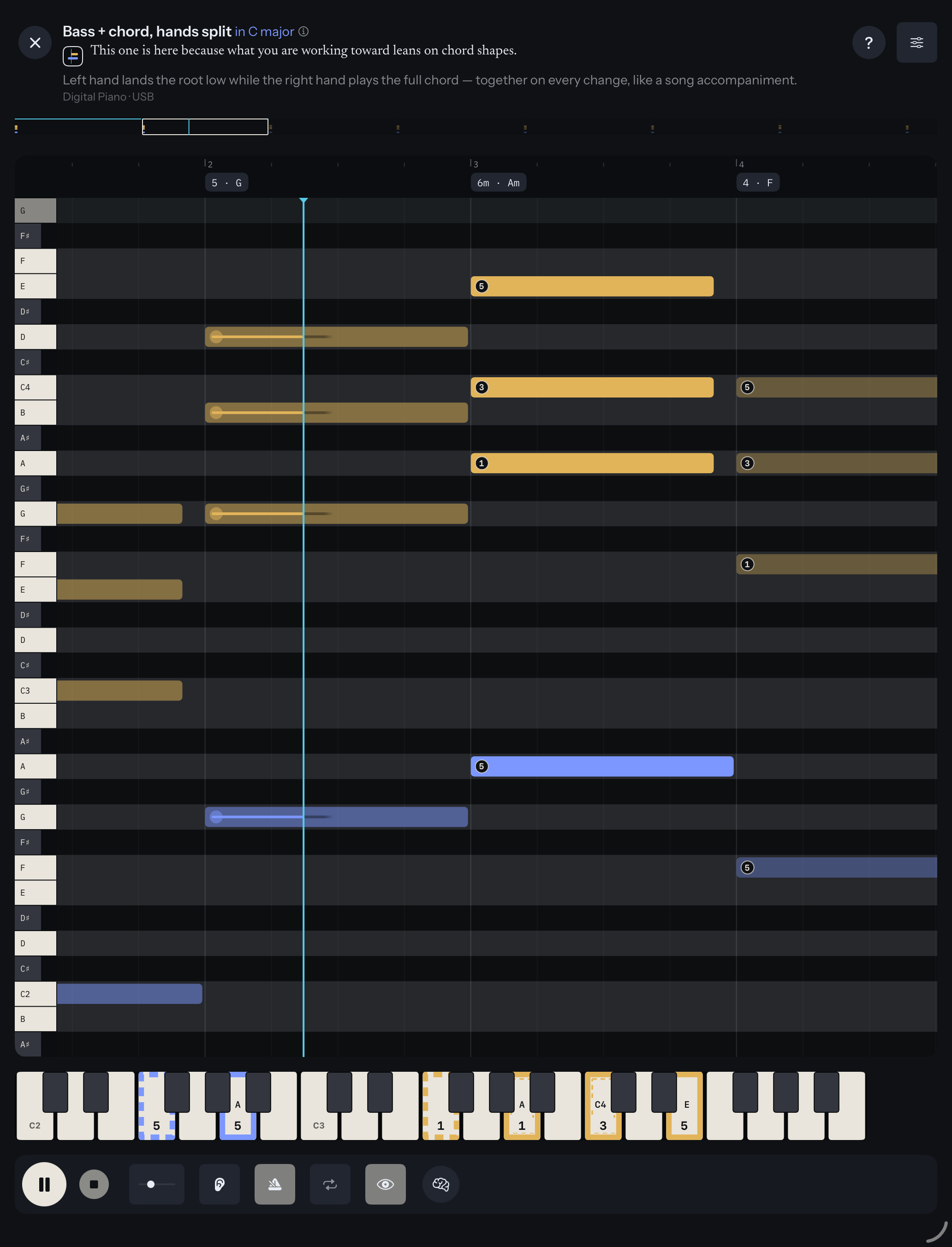 Practice screen on iPad: the exercise “Bass + chord, hands split” in C major, blue left-hand and gold right-hand blocks moving toward a cyan line, chord labels 5 · G, 6m · Am and 4 · F, and a keyboard picture below.