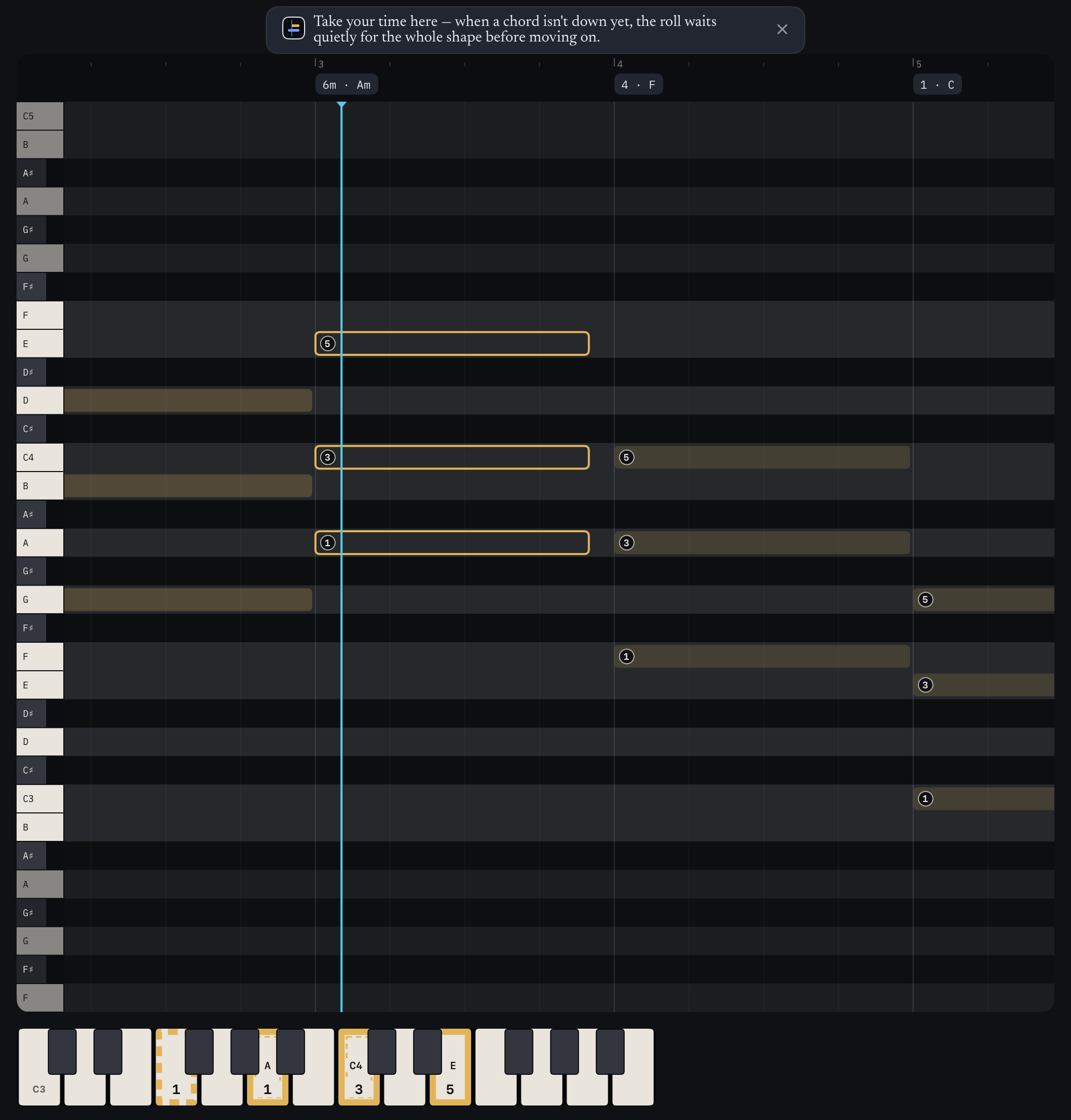 The roll waiting at the line: the 6m · Am chord drawn as three hollow gold outlines with finger numbers, the coach’s note that the roll waits quietly for the whole shape, and the keys A, C and E outlined on the keyboard below