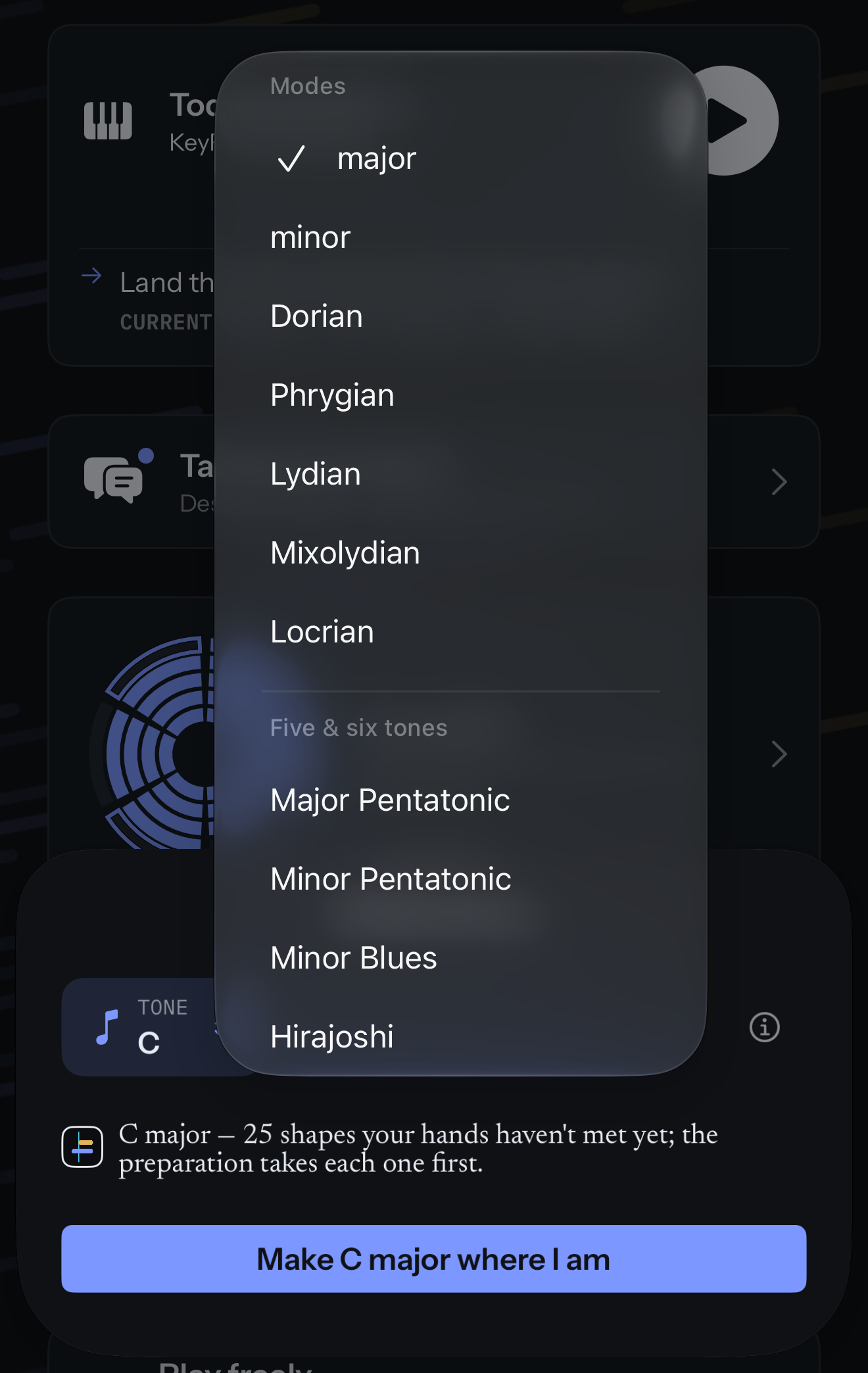 Where we are, with the Type menu open over the home screen: major, minor, Dorian, Phrygian, Lydian, Mixolydian and Locrian under Modes, then Major Pentatonic, Minor Pentatonic, Minor Blues and Hirajoshi under Five & six tones; below, KeyFu says C major holds 25 shapes your hands haven’t met yet, and a button, Make C major where I am