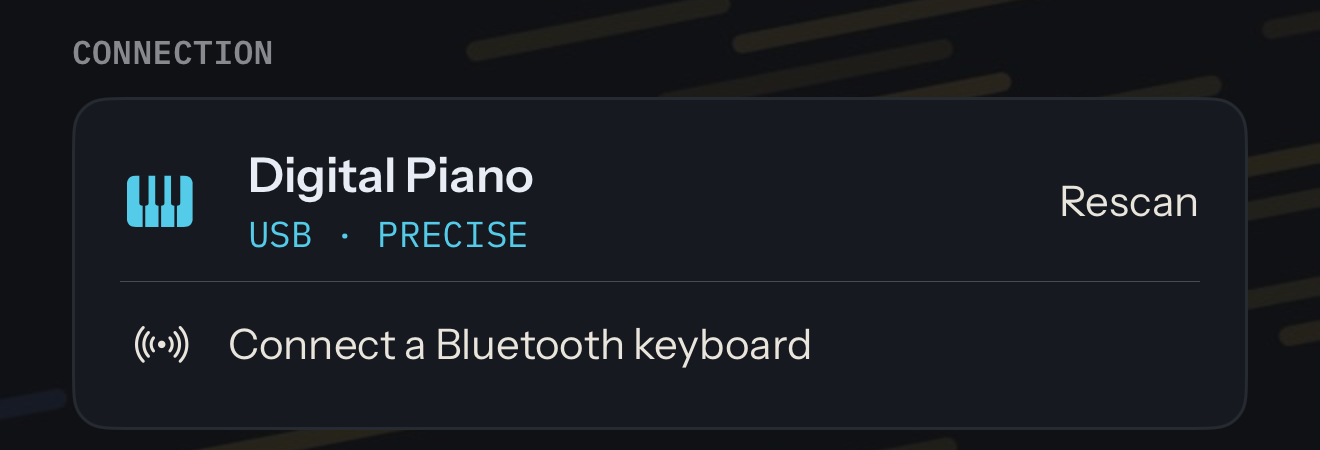Keyboard and sound settings, Connection: a digital piano found over USB, marked USB · PRECISE, with Rescan, and below it Connect a Bluetooth keyboard