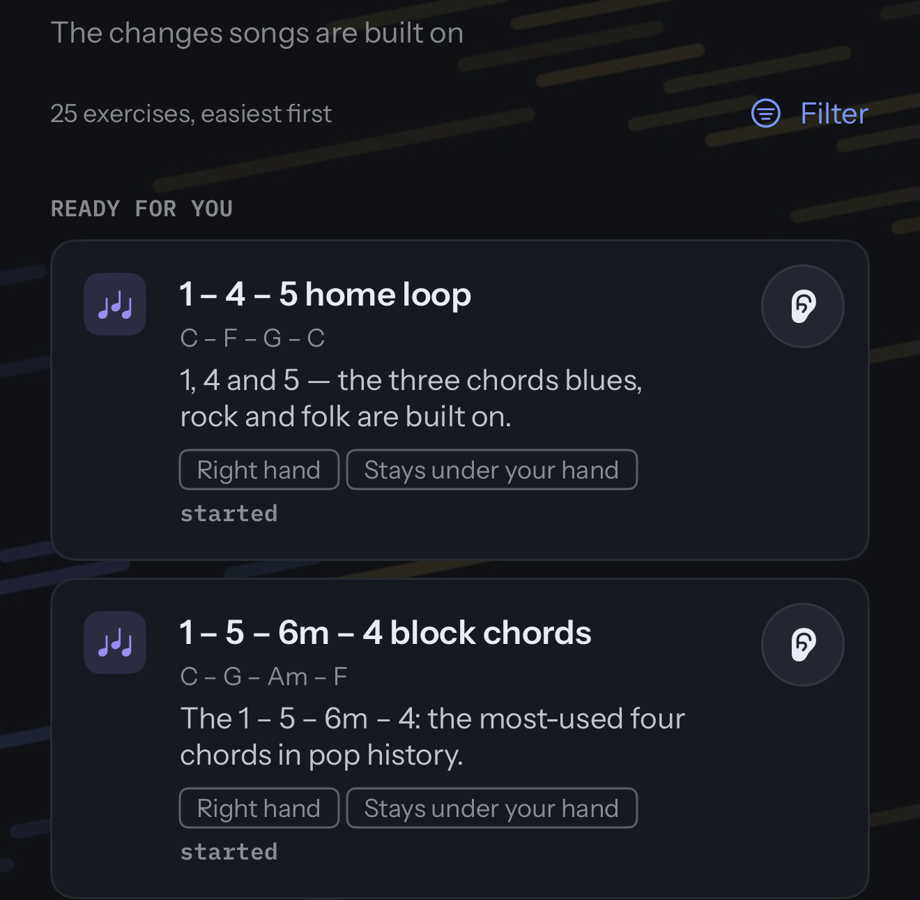 One skill’s page in the library, the changes songs are built on: 25 exercises, easiest first. Under Ready for you, 1 – 4 – 5 home loop and 1 – 5 – 6m – 4 block chords, each with its chord names in C, a line on what it is, its tags and started.
