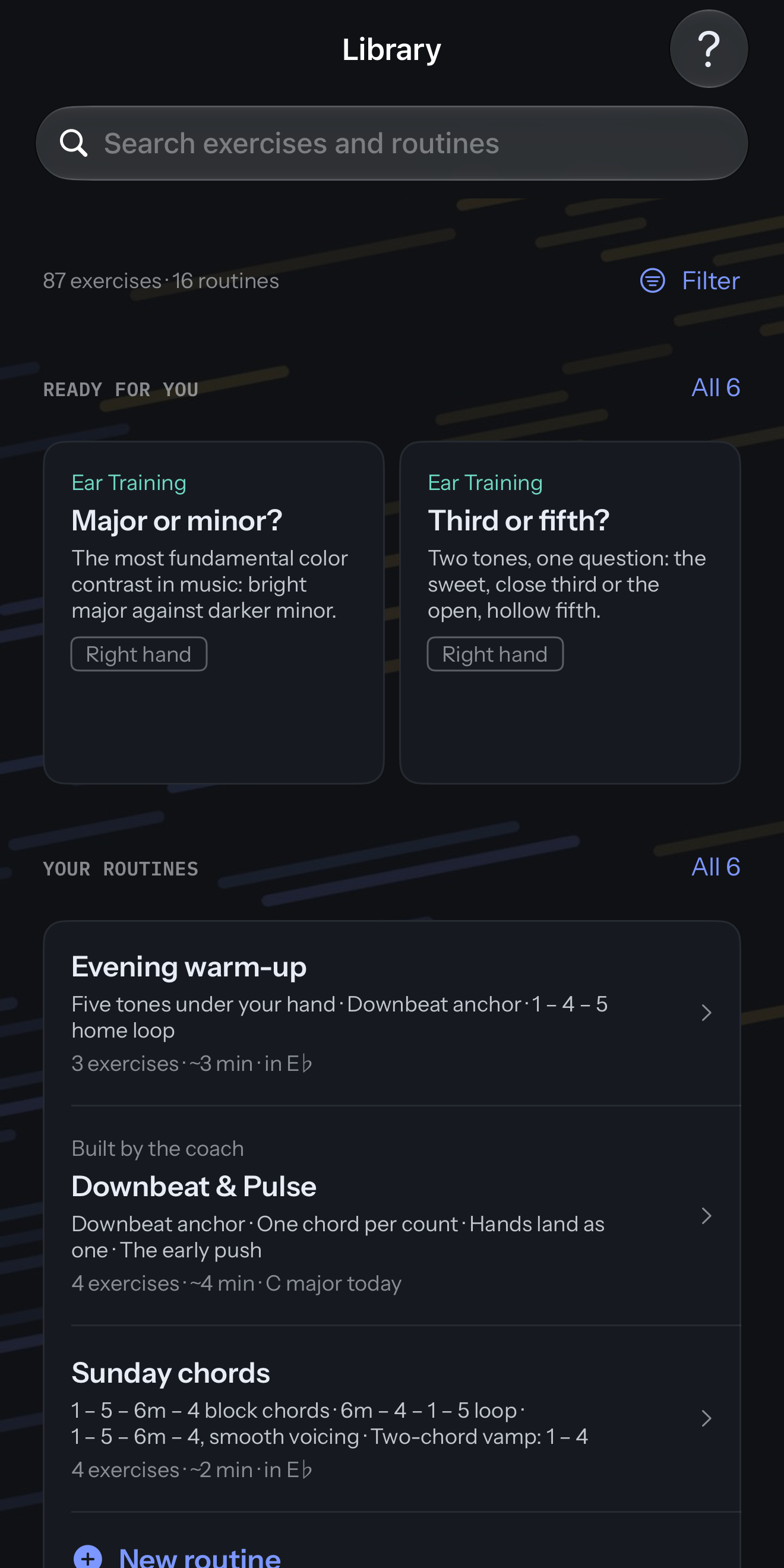 The exercise library on iPhone: a search field, 87 exercises and 16 routines, Ready for you with two ear-training sets, and Your routines with Evening warm-up, Downbeat and Pulse built by the coach, and Sunday chords.