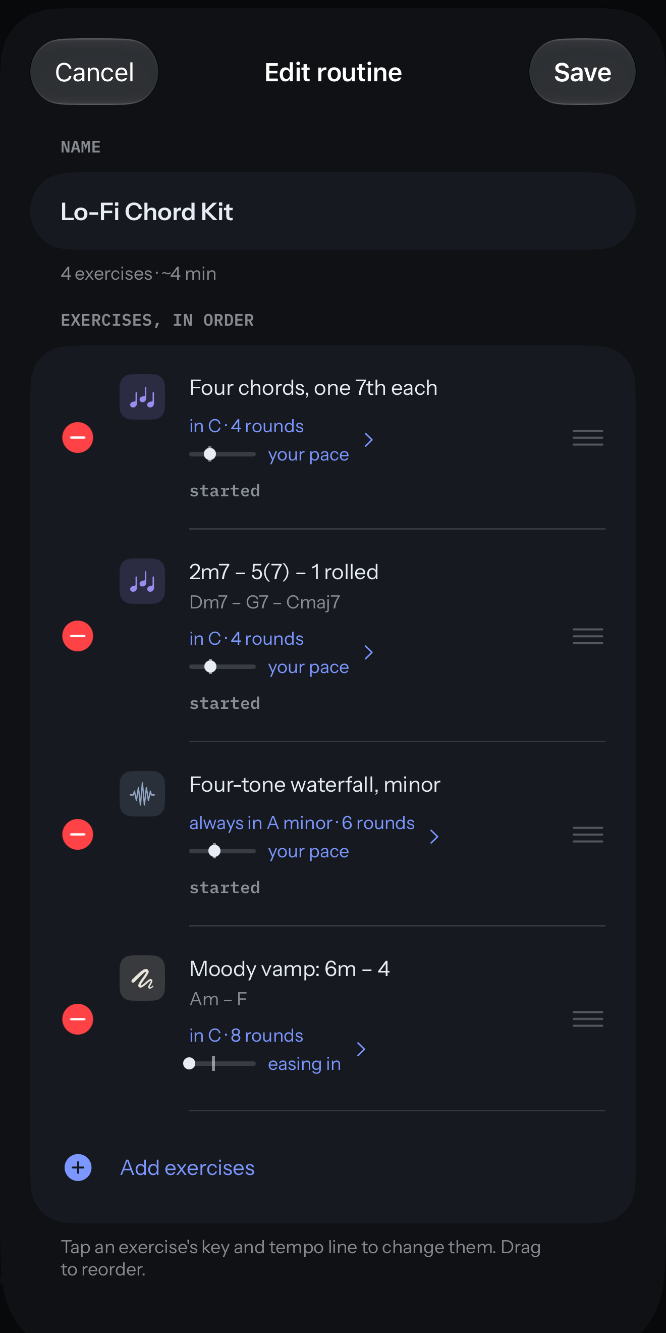 Edit routine on the player’s own copy of Lo-Fi Chord Kit, four exercises, about four minutes. Each exercise shows its key and rounds, such as in C · 4 rounds or always in A minor · 6 rounds, and its tempo as a short slow-to-fast line marked your pace or easing in; Add exercises sits below them.